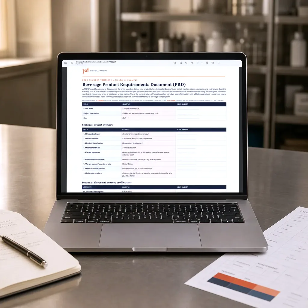 A laptop on a lab desk showing JAI's Beverage Product Requirements Document open on screen, with category, format, nutrition target, COGS, and claims fields, beside a notebook and printed spec sheets