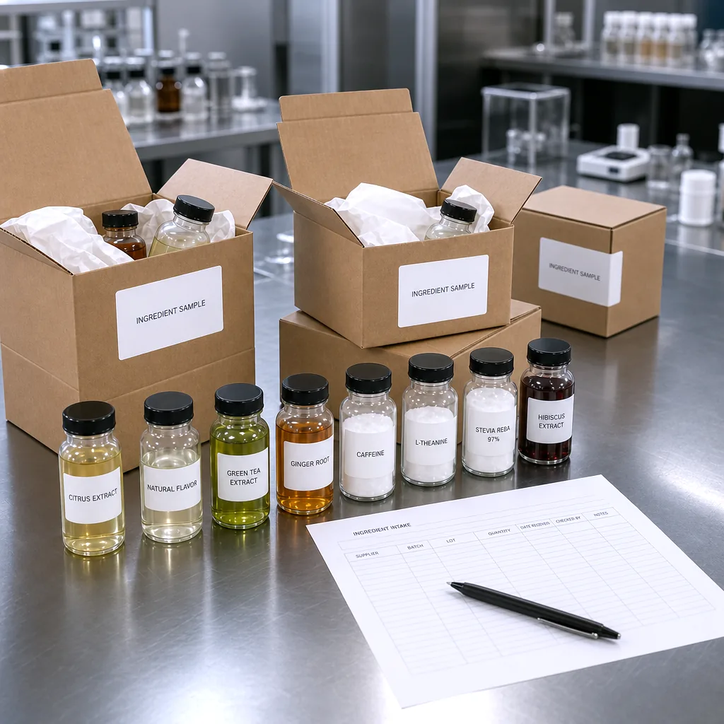A stainless steel lab bench during ingredient intake: opened shipping boxes with single-face labels, a row of labeled clear glass ingredient sample jars with different powders and colored liquids, and a printed supplier spec sheet