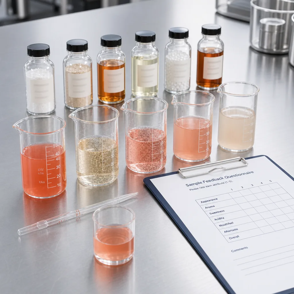 A bright stainless steel lab bench with clear glass beakers of coral, pink, and amber beverages at different carbonation levels, a row of lab sample bottles with source ingredients behind, and a printed Sample Feedback Questionnaire on a clipboard at the right