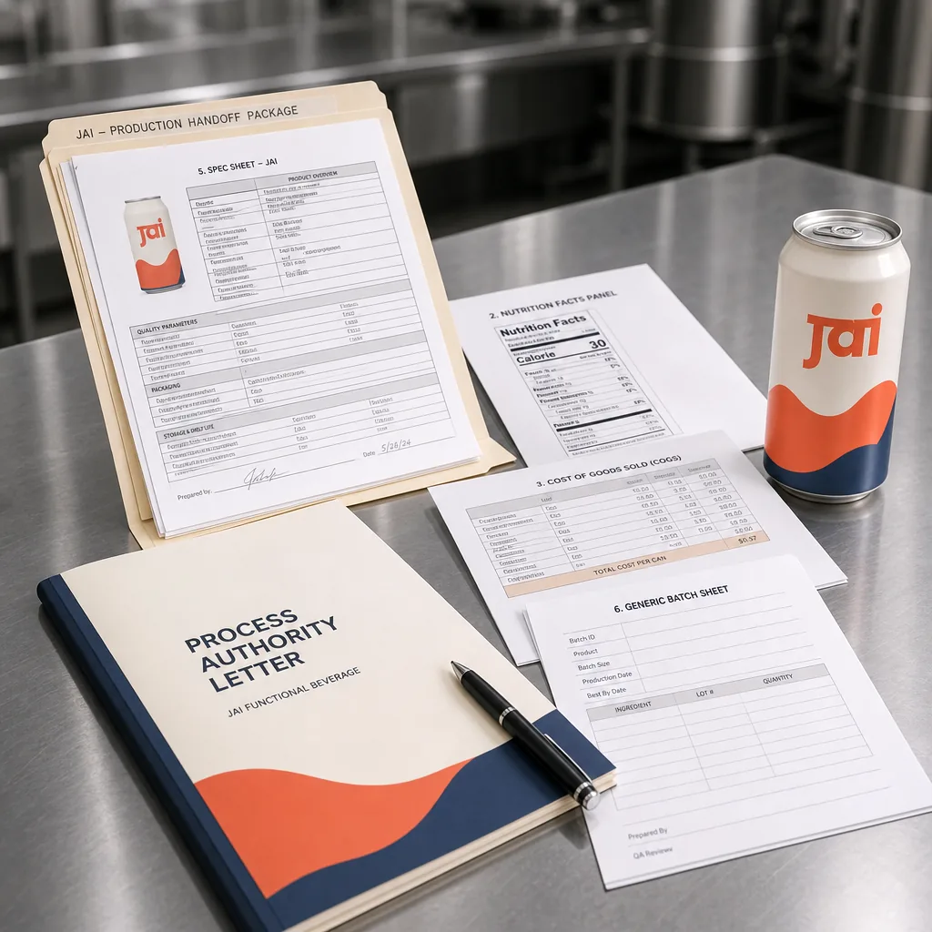 A brushed stainless steel lab bench with the final formulation handoff package laid out physically: a printed spec sheet, nutrition panel, COGS table, batch sheet, and a Process Authority Letter folder, beside a finished JAI-branded can